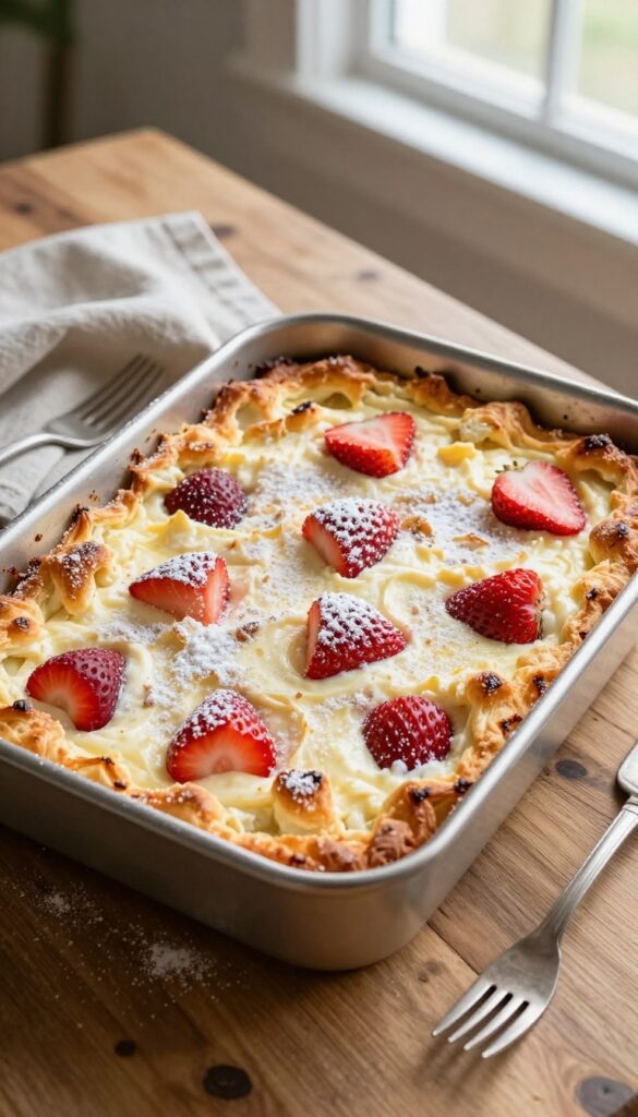 Golden baked strawberry cream cheese Danish casserole with puffed croissant chunks, creamy custard, and fresh strawberries, dusted with powdered sugar on a rustic wooden table.