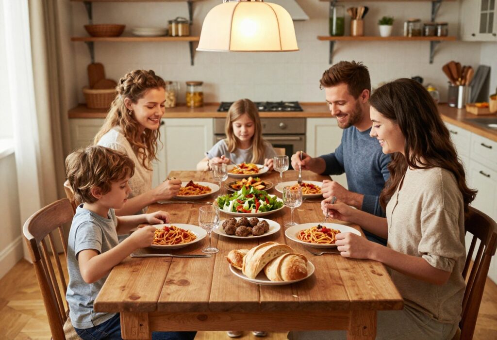 Family enjoying a spaghetti dinner together at a warmly lit table