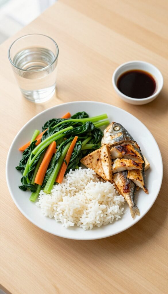 A balanced Filipino meal on a white plate following Pinggang Pinoy guidelines with vegetables, rice, and protein.