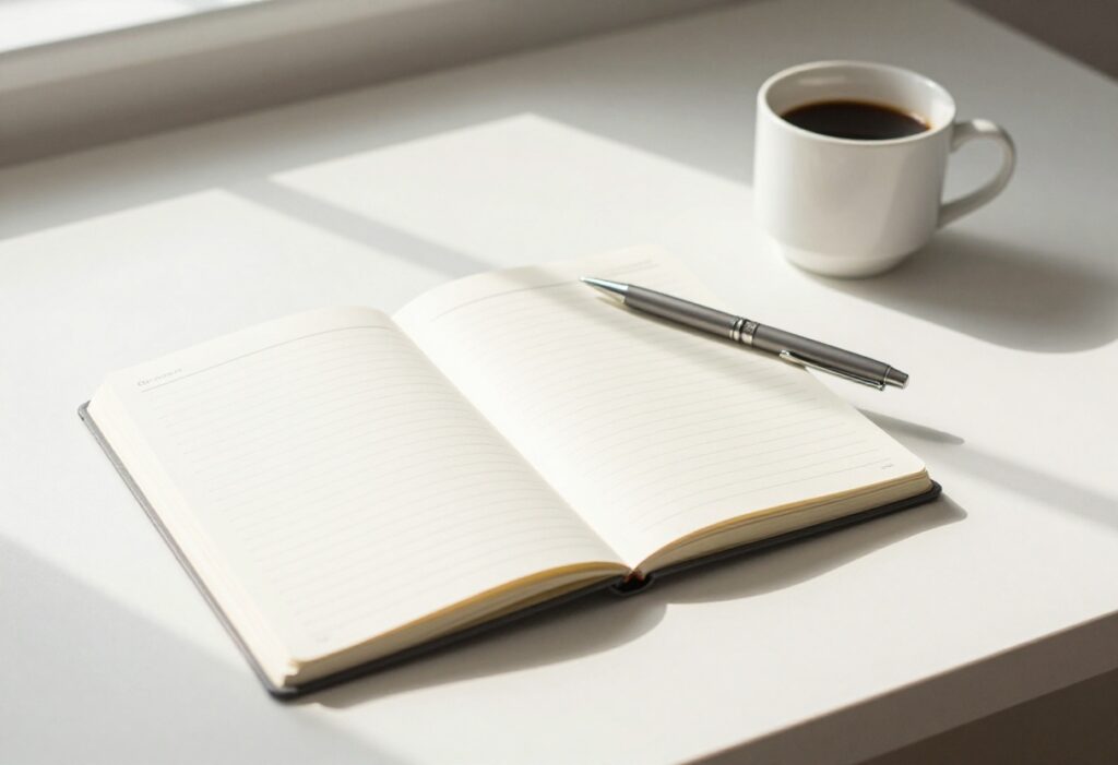 Daily planner on a desk with a pen and coffee, representing productive day planning