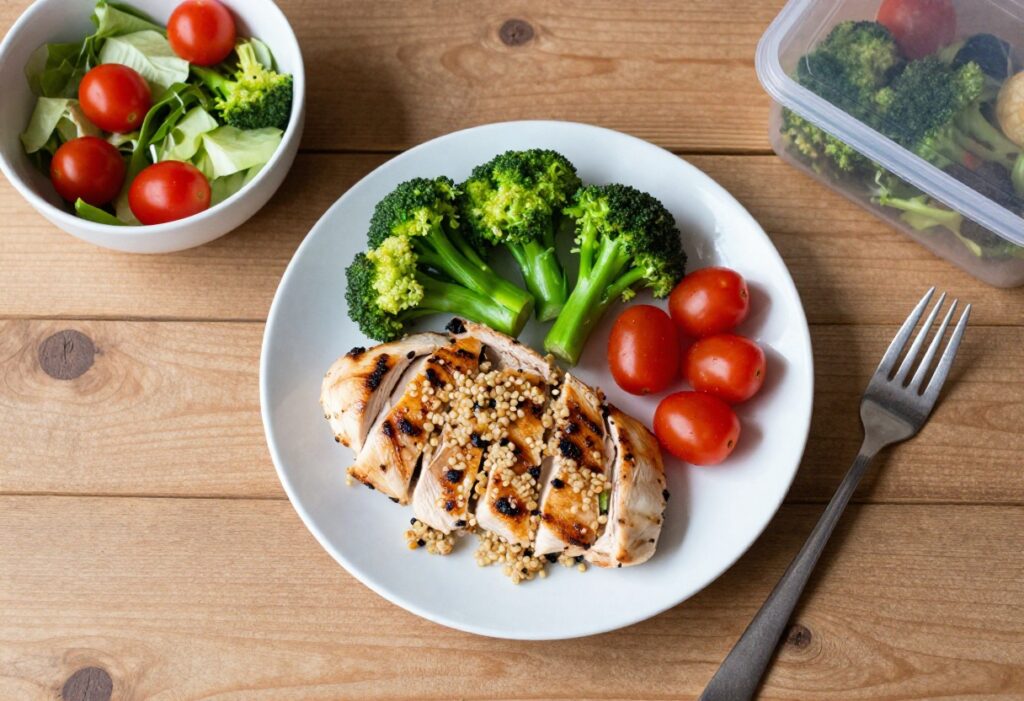 Balanced 1500 calorie meal with chicken, quinoa, and vegetables