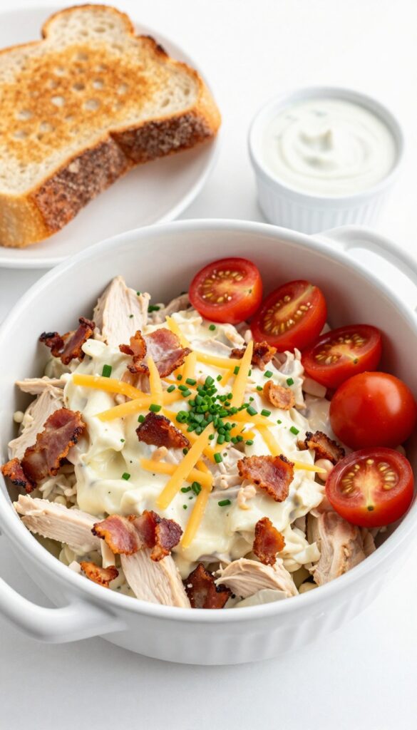 Bowl of bacon ranch chicken salad with cheddar and tomatoes on white background with toast and ranch dressing.