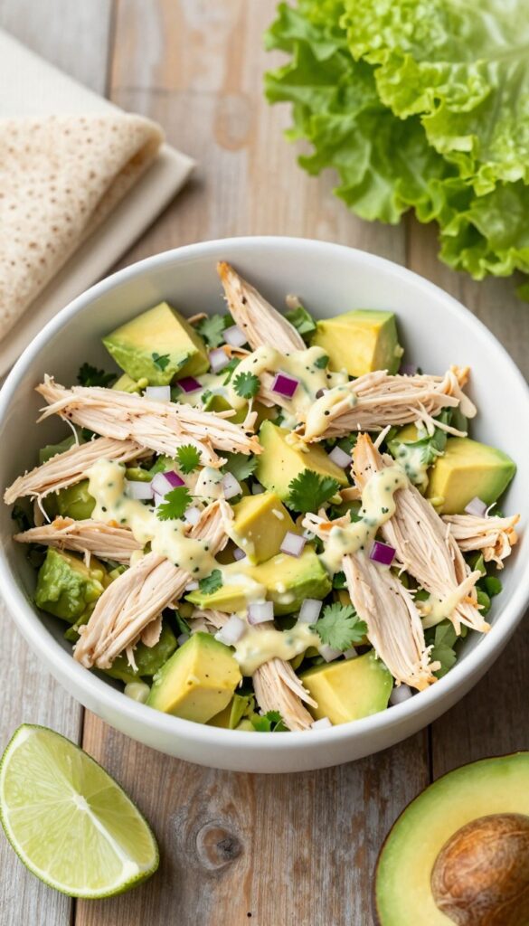 Creamy avocado-mayo chicken salad with lime in a white bowl, with lettuce cups and whole wheat wraps on a wooden table.