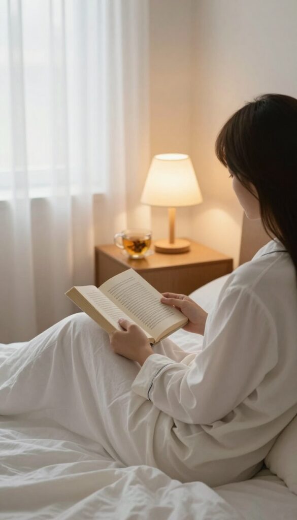 Woman reading a paperback book in bed with warm lamp light and tea, cozy self-care night routine.