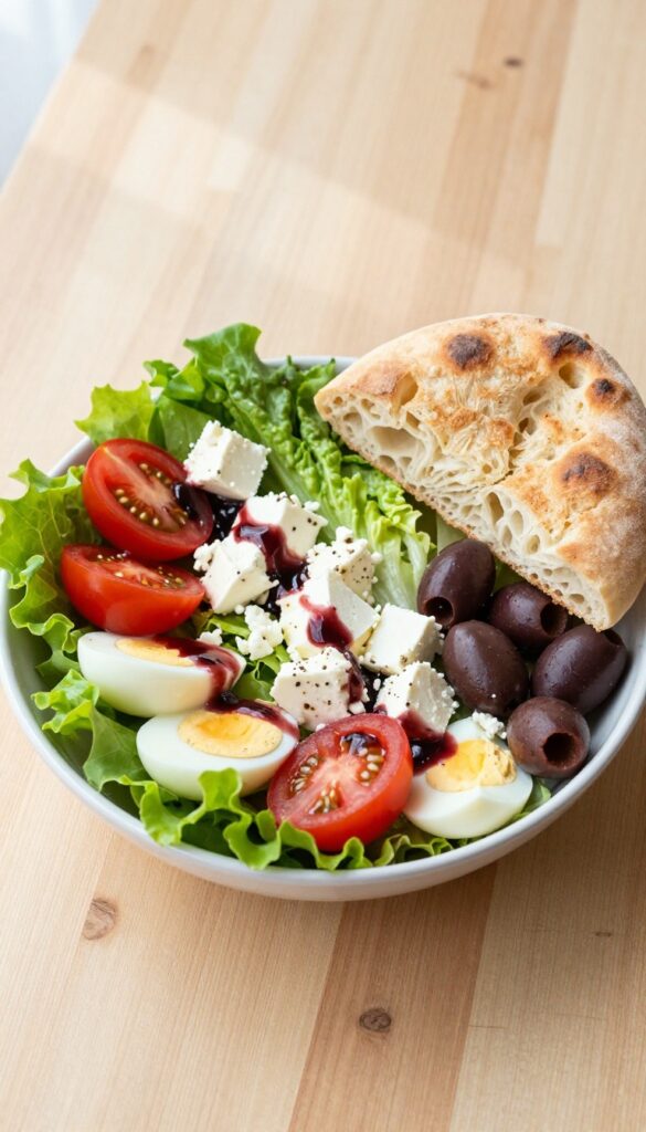 Mediterranean egg and olive breakfast salad bowl with feta and pita bread