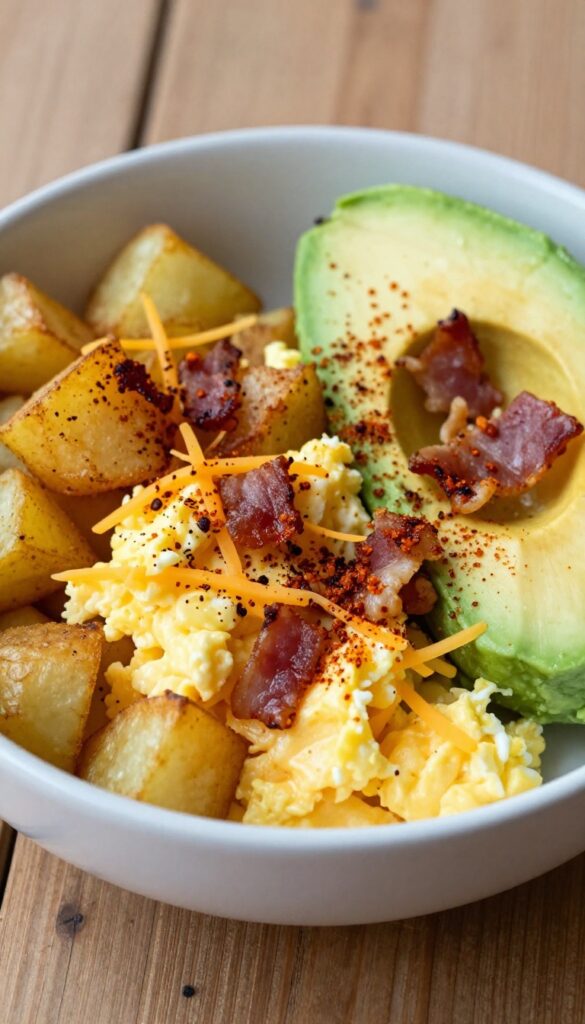Potato and egg breakfast bowl with crispy potatoes, scrambled eggs, avocado, and toppings