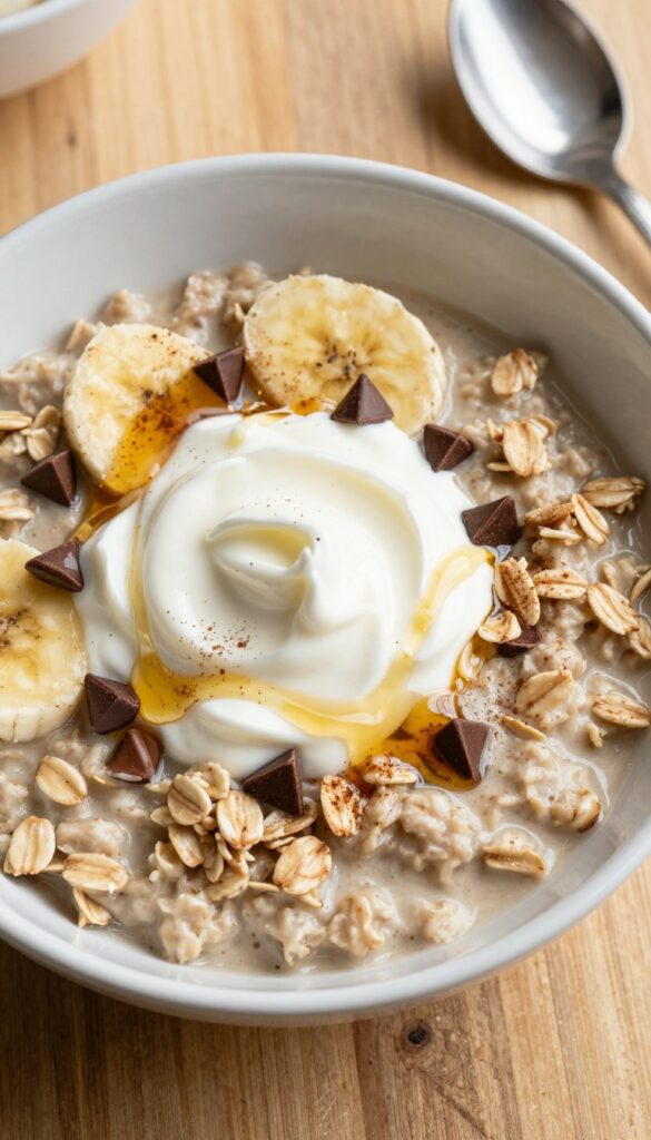 Bowl of chocolate chip banana bread oatmeal with Greek yogurt and honey drizzle