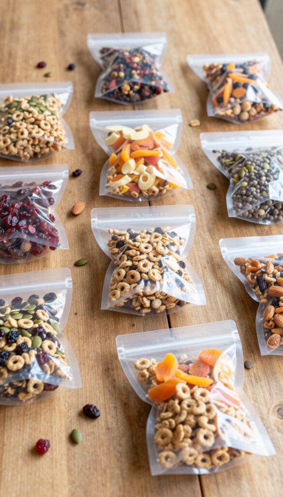 Trail mix snack bags filled with cereal, dried fruit, nuts, and chocolate chips on a wooden table.