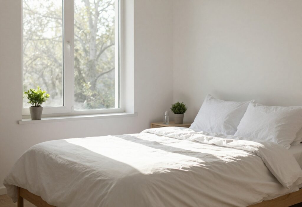 Calm bedroom with made bed and glass of water in morning light