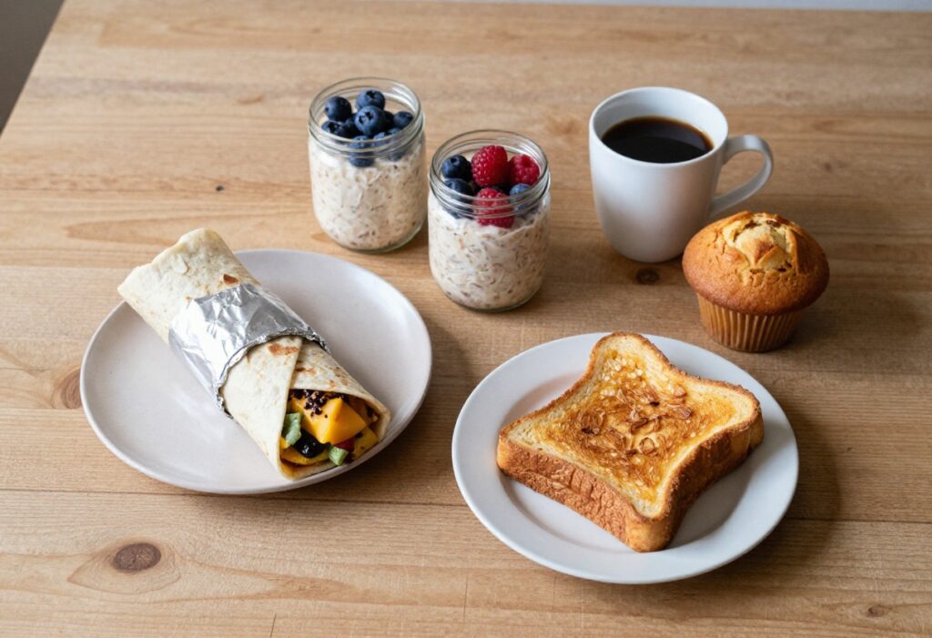 Assorted premade breakfast items on a wooden table including a burrito, overnight oats, French toast casserole, and a muffin with coffee.