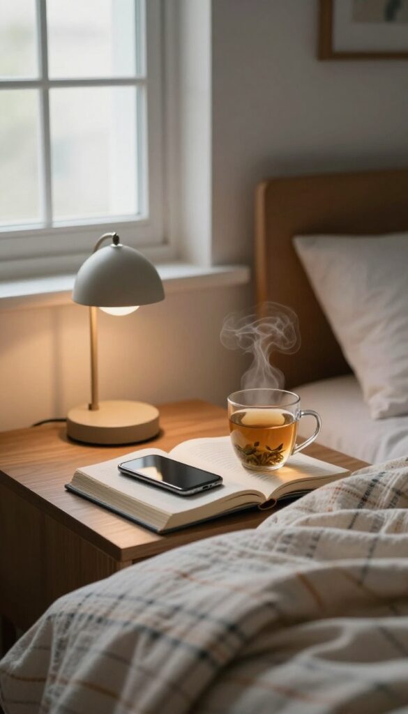 Peaceful bedtime setup with a book and tea, phone put away for a digital detox
