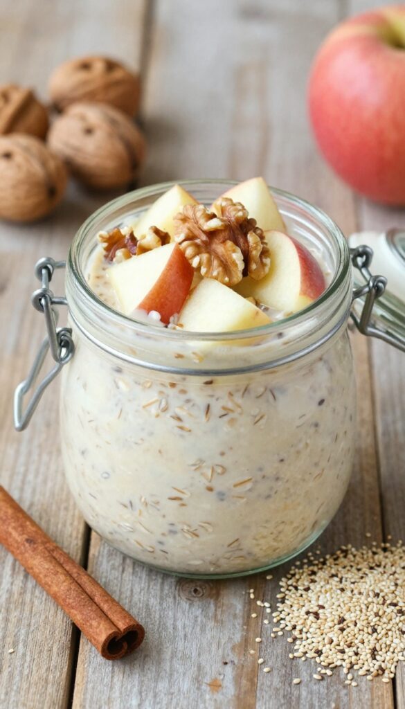 Apple cinnamon overnight quinoa in a jar with walnuts and fresh apple on a wooden table.