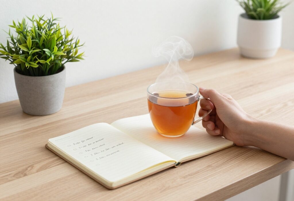 A peaceful desk setup with a notebook, tea, and plant representing self-care checklist ideas for busy people.