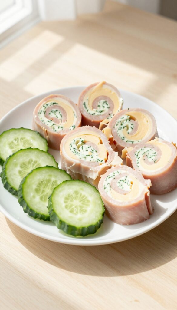 Ham and cheese roll-ups with cucumber slices on a white plate, top-down view, bright natural light.