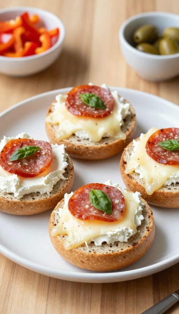 Mini bagel pizzas with cream cheese, veggie pepperoni, and melted mozzarella on a wooden table.