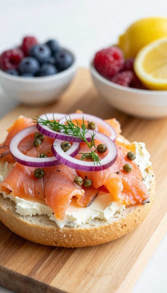 Open-faced smoked salmon and cream cheese bagel with capers, red onion, and dill on a wooden board with berries and lemon