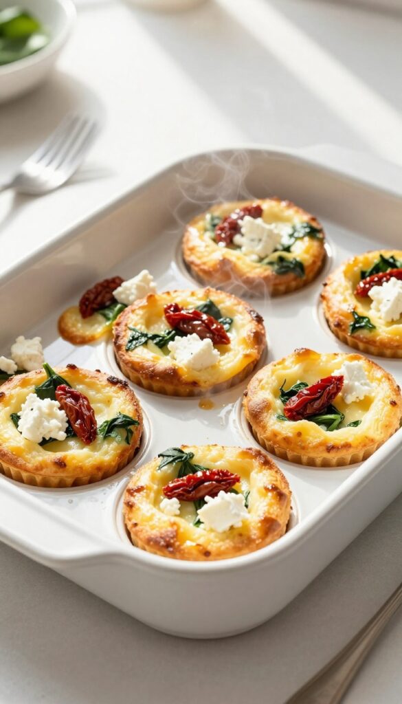 Baked egg muffin cups with spinach, sun-dried tomatoes, and feta cheese in a muffin tin.