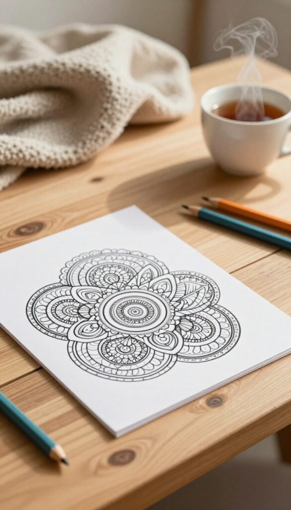 A person coloring a mandala design with colored pencils on a desk