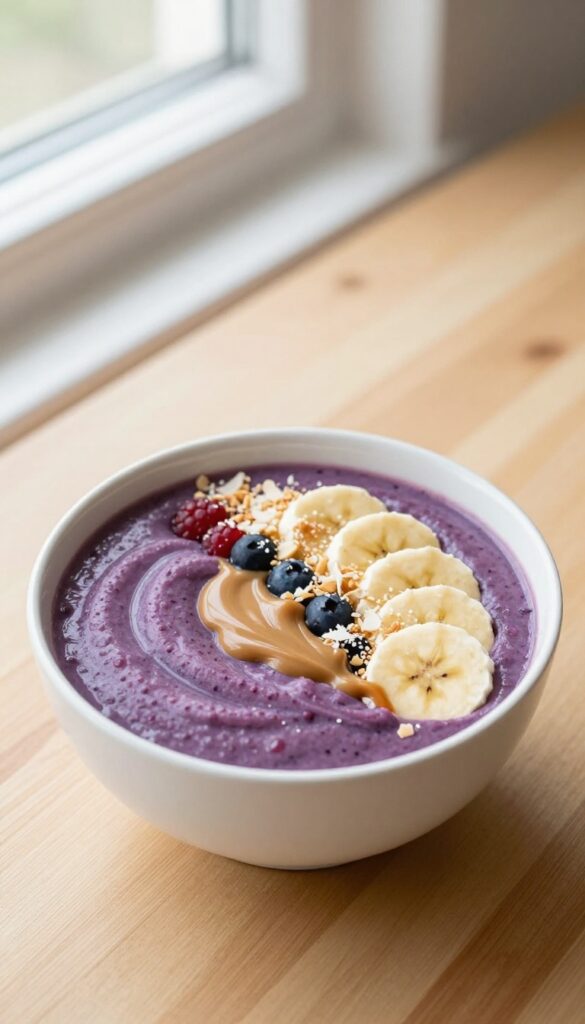 A vibrant purple smoothie bowl topped with almond butter swirl and coconut flakes, with fresh berries and banana nearby on a wooden table.