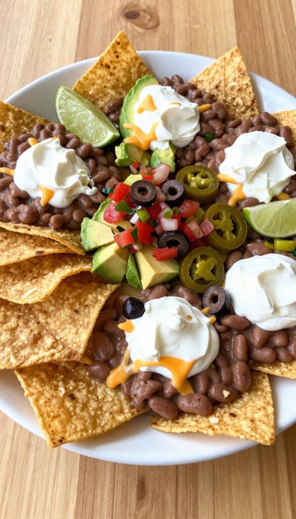 Loaded breakfast nachos with refried beans, cheese, avocado, salsa, sour cream, and jalapeños on a white platter.