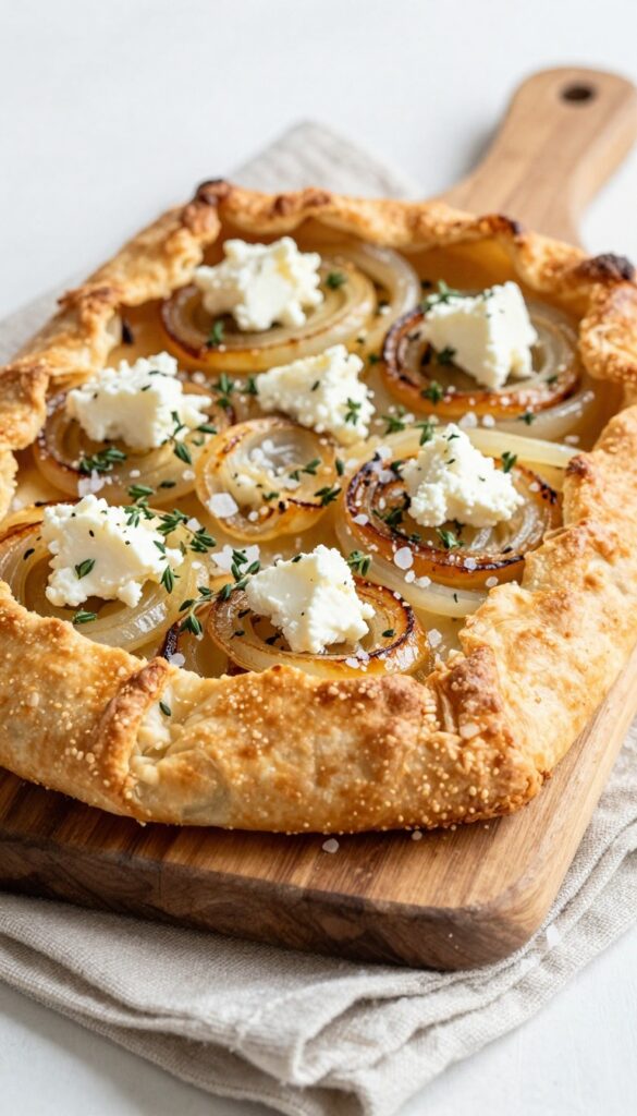 Caramelized onion and goat cheese puff pastry galette on a wooden board