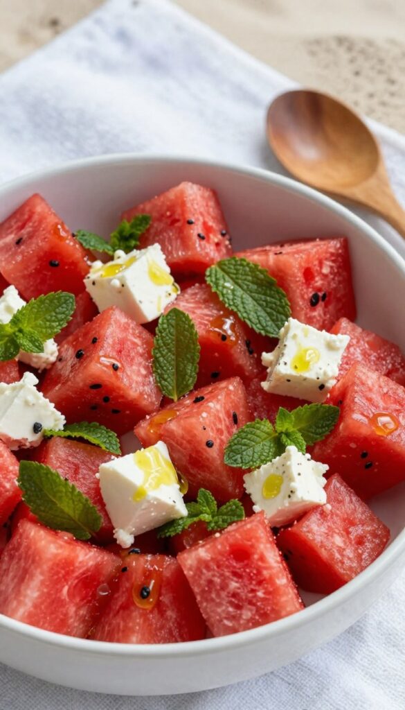 Watermelon and feta mint salad in a bowl on a beach towel