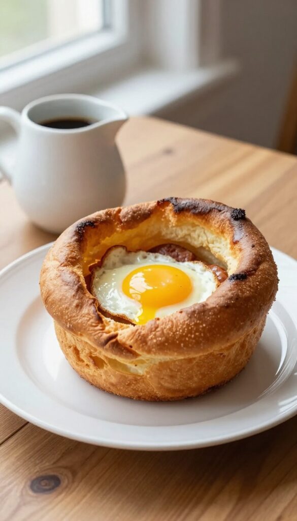 Toad in the Hole breakfast with sausage, Yorkshire pudding, fried egg, and gravy on a rustic plate