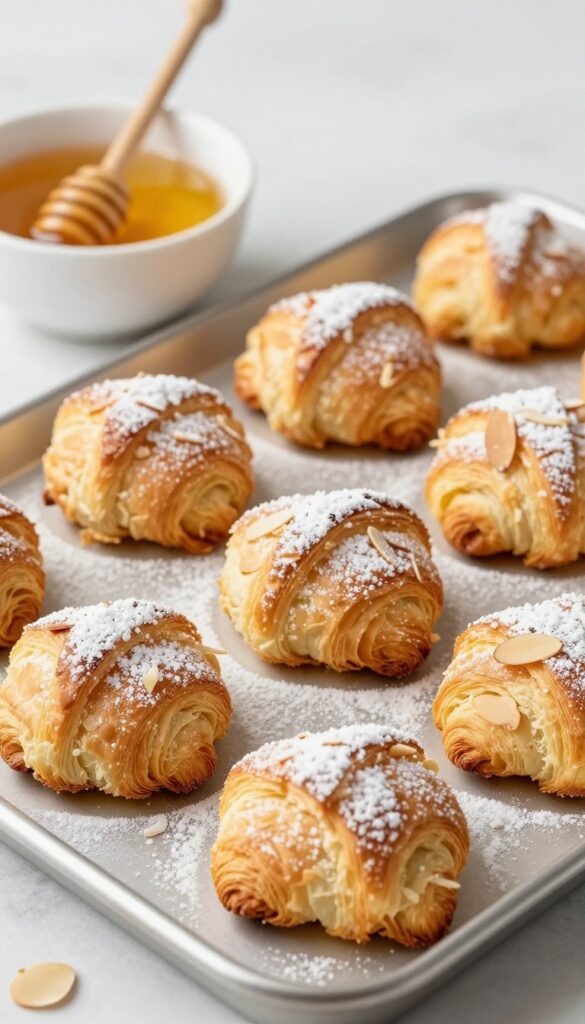 Golden almond croissant bites on a baking sheet with powdered sugar, sliced almonds, honey dip, and café au lait.