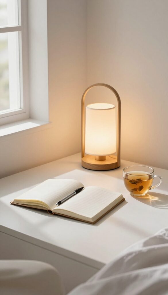 A notebook and pen on a nightstand with a lamp and tea, creating a calming bedtime gratitude ritual scene.