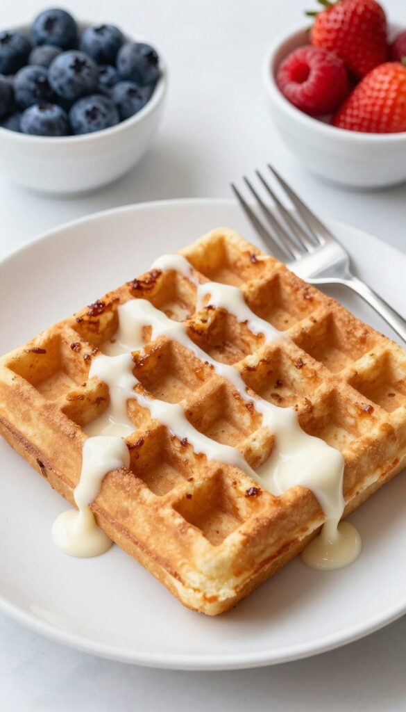 Golden cinnamon roll waffle with cream cheese glaze and fresh berries on a plate