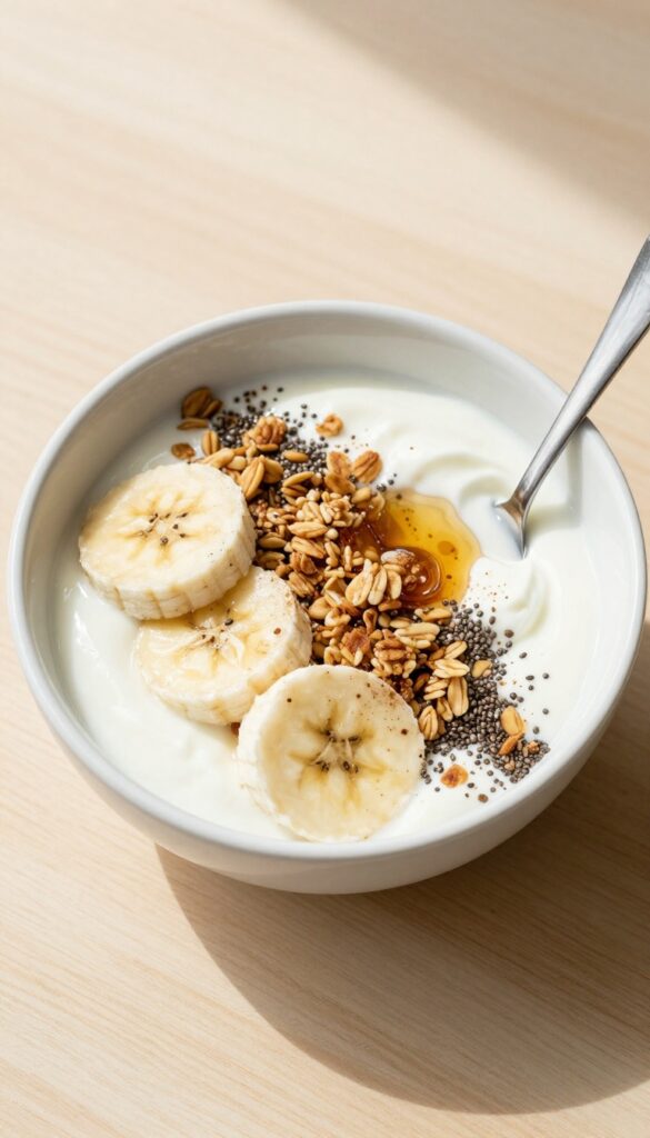 Banana yogurt bowl with granola and honey drizzle on a wooden table