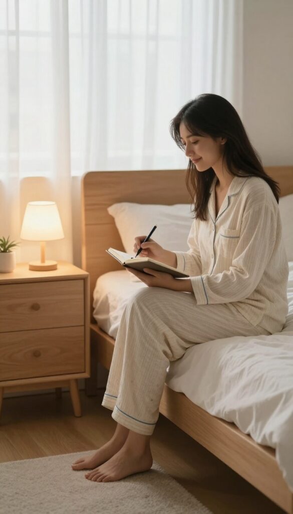 Woman writing in gratitude journal before sleep in cozy bedroom