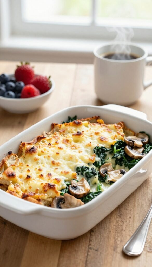 Creamy spinach and mushroom strata in a baking dish with melted Gruyère cheese, served on a wooden table with coffee and berries.