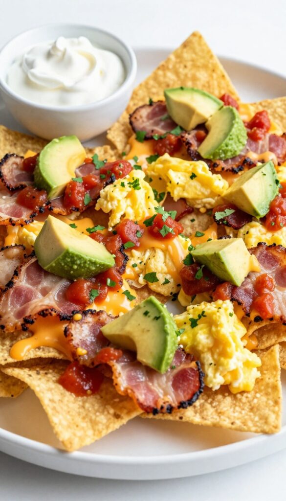 Loaded breakfast nachos on a platter with eggs, bacon, cheese, salsa, avocado, and cilantro.