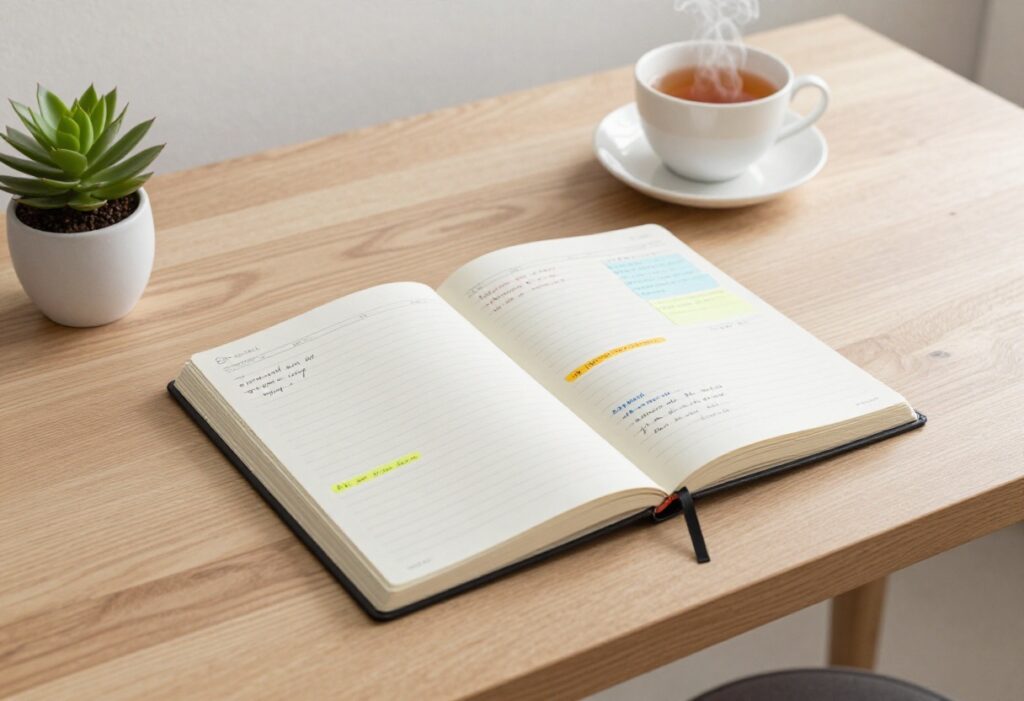 Open self-care planner on a desk with tea and plant, soft lighting