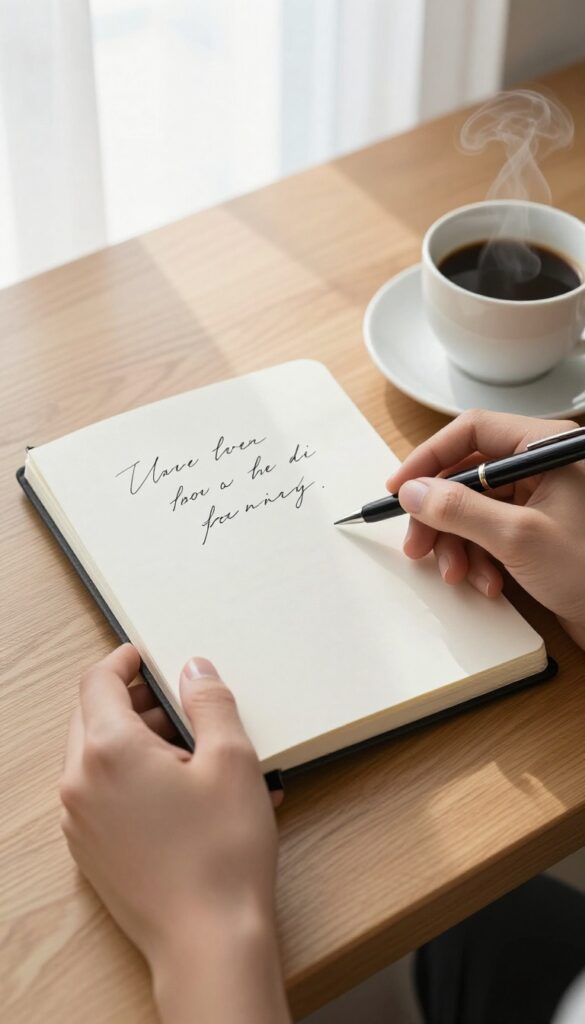 Person writing one intention in a notebook with coffee nearby in morning light