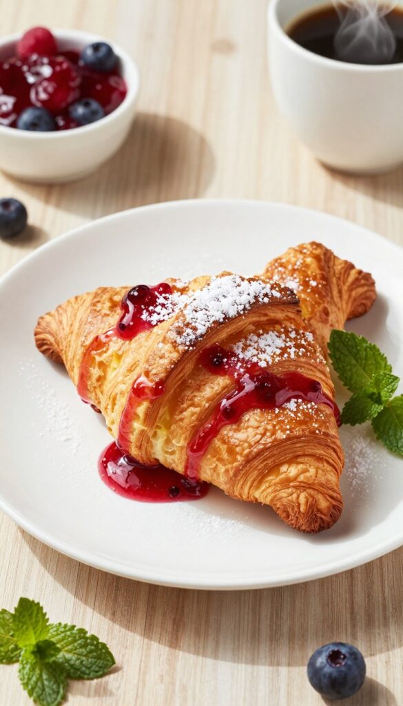 Croissant French toast topped with berry compote on a plate with coffee