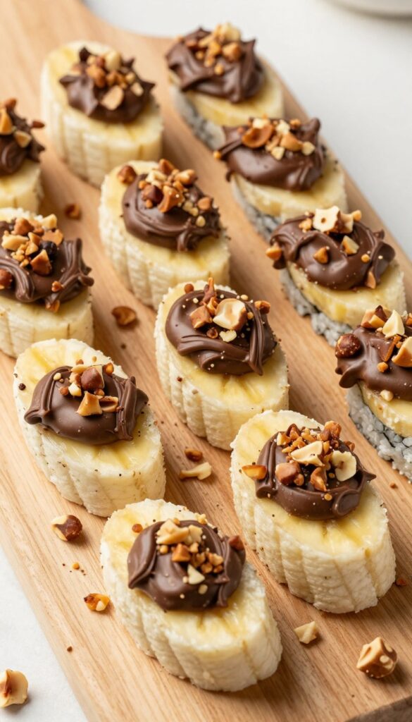 Banana sushi rolls with chocolate hazelnut and hazelnuts on a wooden board