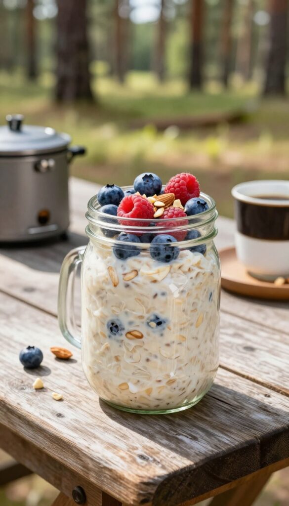 Mason jar of overnight oats with berries and nuts on a wooden picnic table at a campsite in morning light.