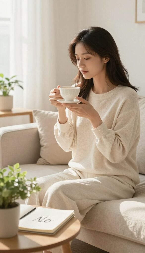 Woman practicing self-care by saying no, sitting peacefully in a bright living room with a notebook