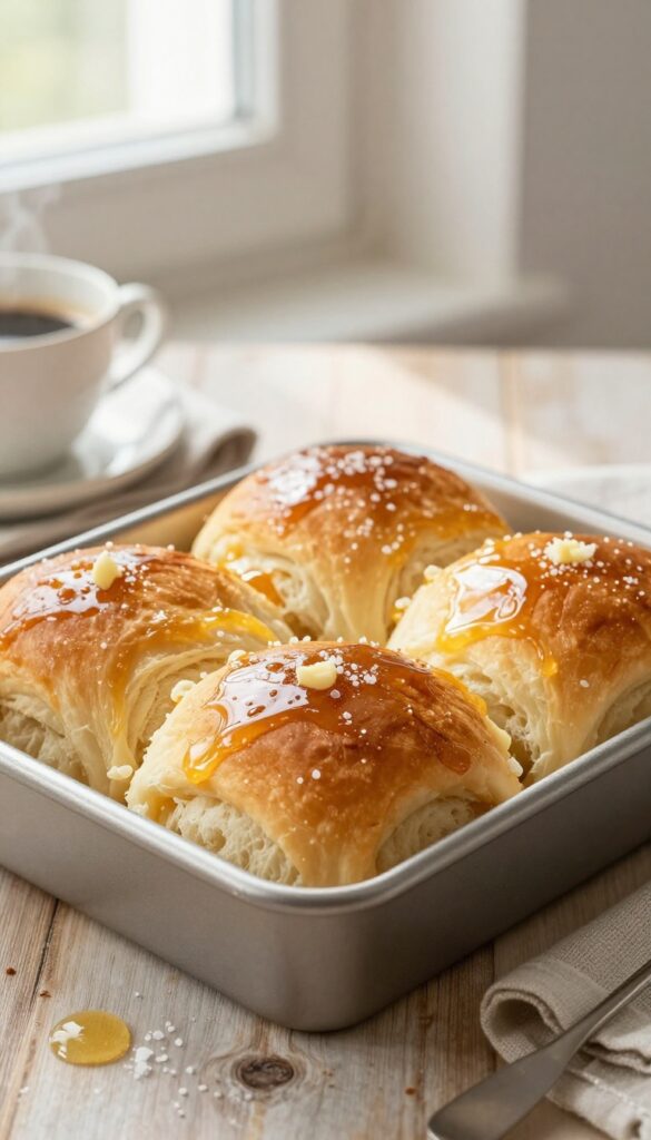 Freshly baked golden brioche rolls in a dish with butter and honey, warm morning light.
