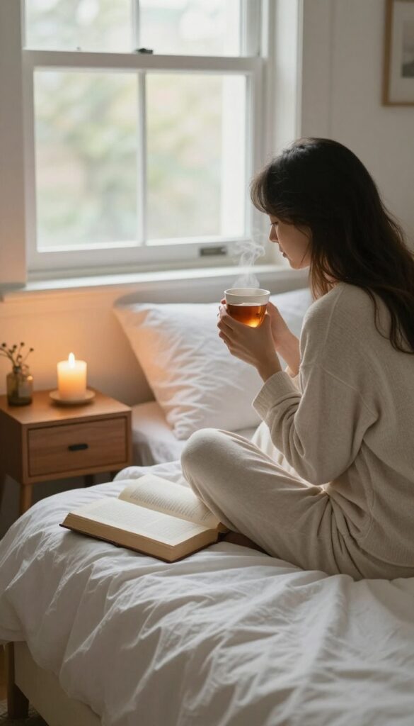 Cozy evening ritual with candle, tea, and book for relaxation