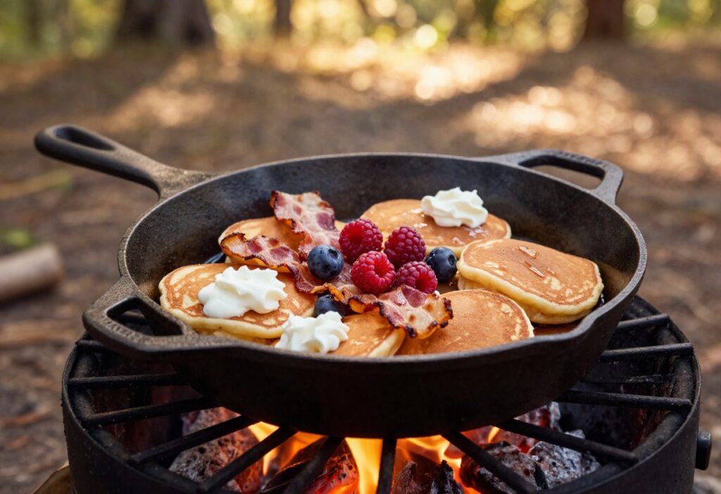 Cast iron skillet with pancakes and bacon on a campfire grate in a forest morning