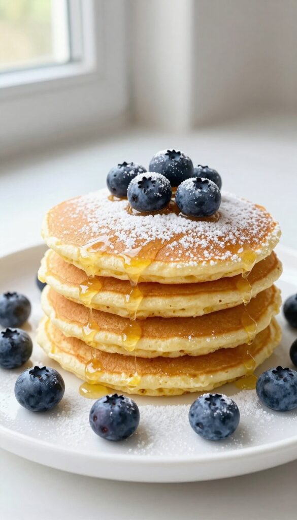 Stack of lemon ricotta pancakes with blueberries and powdered sugar on a white plate