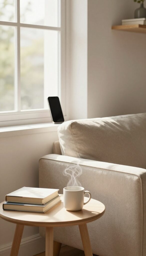 Cozy living room with books and a mug, smartphone put away, representing a digital detox day.