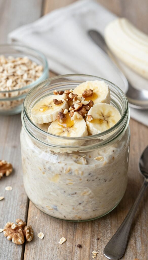 Creamy banana overnight oats in a glass jar with sliced banana and walnut topping on a wooden table
