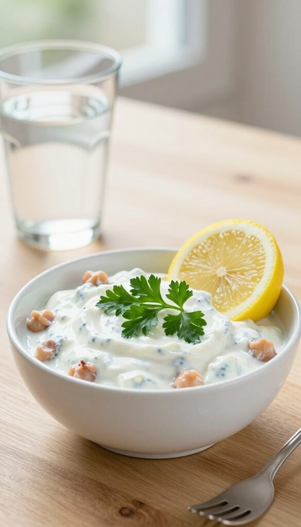 Bowl of tuna and chickpea salad with lemon and parsley on a wooden table