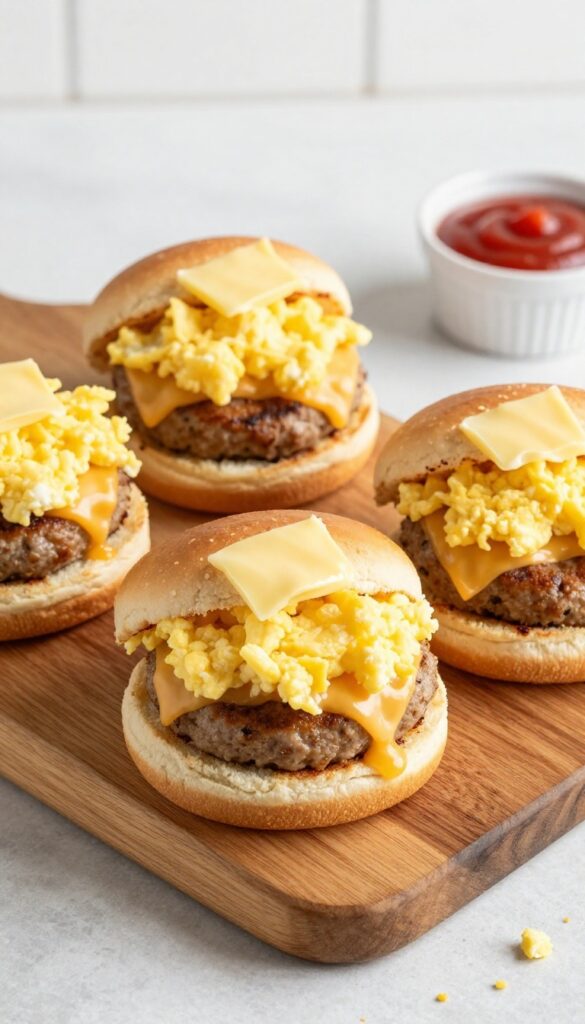 Breakfast sliders with sausage, egg, and cheese on a wooden board