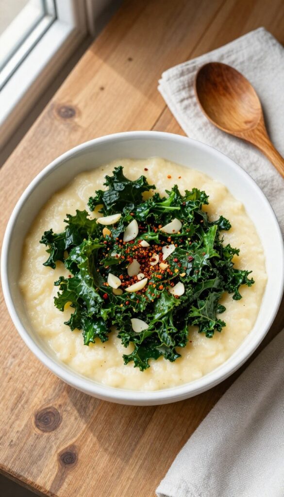 Creamy polenta topped with sautéed greens in a white bowl on a wooden table