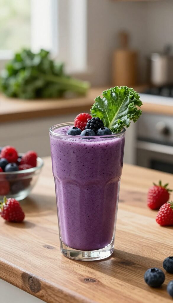 Tall glass of purple berry kale smoothie on wooden table with fresh berries and kale leaf garnish